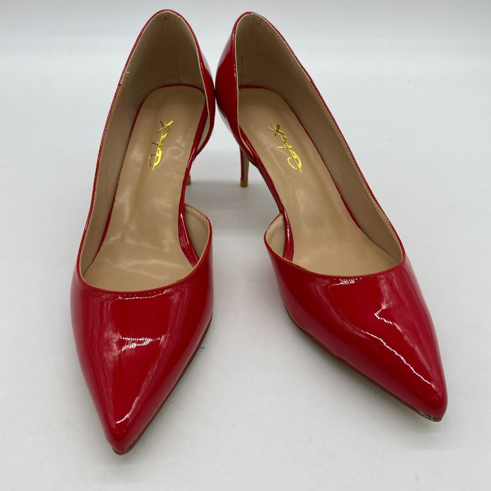 XYD red patent leather pointy toe kitten low heels slip on pumps shoes